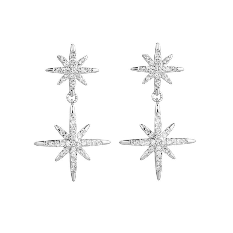 NTLX Silver Statement Earrings â€“ Star Earrings â€“ Unique Double Starburst Drop Design â€“ featuring Pave set Cubic Zirconia (CZ) -Designed in USA â€“ Great Gift (Silver) - Image 1